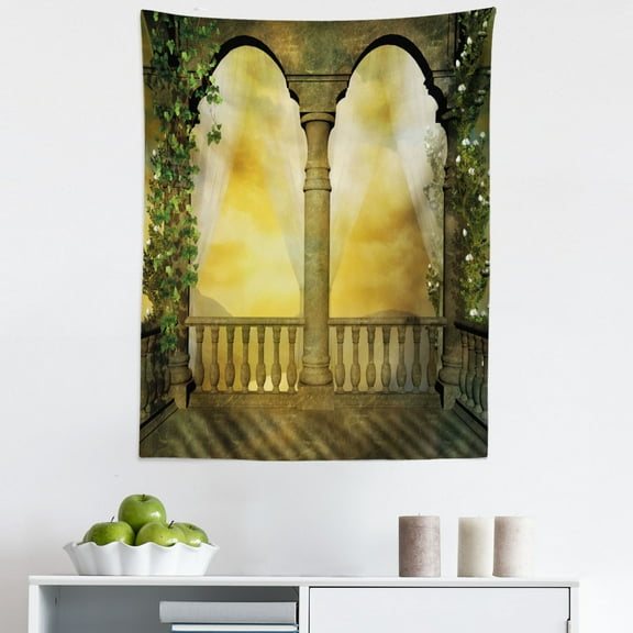 Colorful Tapestry, Balcony with Floral Swirl Antique Design Art Print, Fabric Wall Hanging Decor for Bedroom Living Room Dorm, 5 Sizes, Multicolor, by Ambesonne