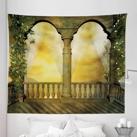 Colorful Tapestry, Balcony with Floral Swirl Antique Design Art Print, Fabric Wall Hanging Decor for Bedroom Living Room Dorm, 5 Sizes, Multicolor, by Ambesonne