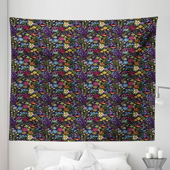 Colorful Tapestry, Feminine Floral Composition Spring Nature Prospering Garden on Dark Background, Fabric Wall Hanging Decor for Bedroom Living Room Dorm, 5 Sizes, Multicolor, by Ambesonne