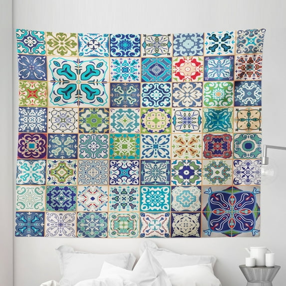 Colorful Tapestry, Floral Patchwork Design Mediterranean Symbolic Artisan Work, Fabric Wall Hanging Decor for Bedroom Living Room Dorm, 5 Sizes, Multicolor, by Ambesonne