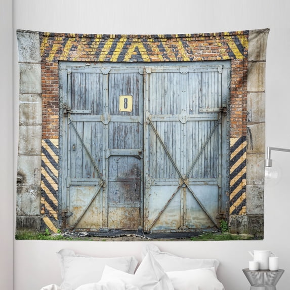 Colorful Tapestry, Old Wooden Factory Gate Warning Signs Change Modern Techno Theme Print, Fabric Wall Hanging Decor for Bedroom Living Room Dorm, 5 Sizes, Multicolor, by Ambesonne