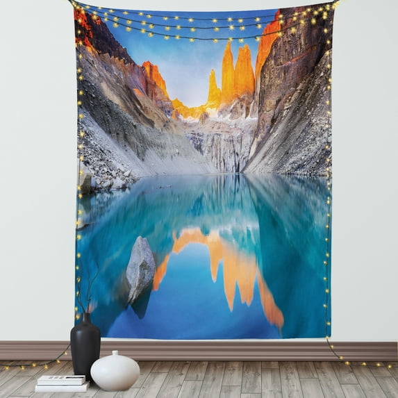 Colorful Tapestry, Reflection of Cliffs on Lake at Torres Del Paine National Park Image, Wall Hanging for Bedroom Living Room Dorm Decor, 60W X 80L Inches, Azure Blue Multicolor, by Ambesonne