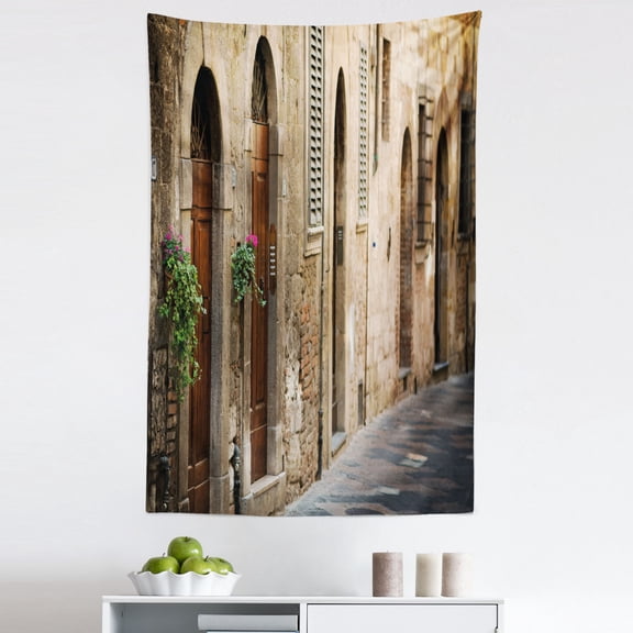 Colorful Tapestry, Street Wine Old House in Italy Tuscany Street Floral Details Blurred Background, Fabric Wall Hanging Decor for Bedroom Living Room Dorm, 5 Sizes, Multicolor, by Ambesonne