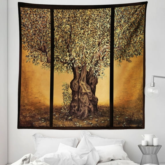 Colorful Tapestry, Triptych of Old Mature Olive Tree Mediterranean Greece Style Nature Graphic, Fabric Wall Hanging Decor for Bedroom Living Room Dorm, 5 Sizes, Multicolor, by Ambesonne
