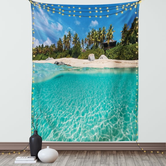 Colorful Tapestry, Tropical White Sand Beach at Caribbean Virgin Gorda Island Image, Wall Hanging for Bedroom Living Room Dorm Decor, 40W X 60L Inches, Cobalt Blue Aqua and Emerald, by Ambesonne