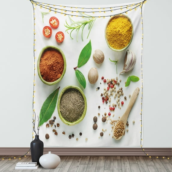 Colorful Tapestry, Various Herbs Spices and Dried Foods Culinary Theme Image Top View, Wall Hanging for Bedroom Living Room Dorm Decor, 40W X 60L Inches, Off White and Multicolor, by Ambesonne