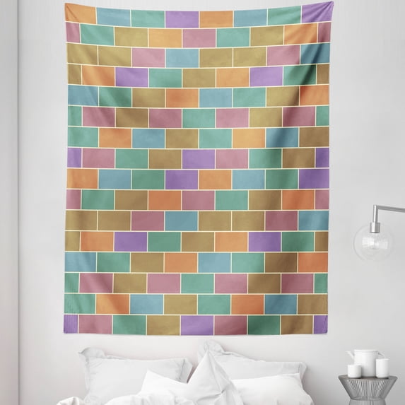 Colorful Tapestry, Vintage Brick Wall Motif Geometric Rectangles Pattern Retro Design Inspirations, Fabric Wall Hanging Decor for Bedroom Living Room Dorm, 5 Sizes, Multicolor, by Ambesonne