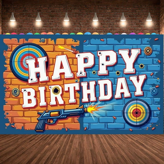 Colorful Target Happy Birthday Banner Toy Gun Design Shooting Party Banner Brick Wall Pattern Hole Elements Target Theme Banner for Boys' Birthday Party Shooting Game Party Indoor Celebration