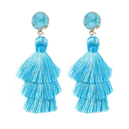 Colorful Tassel Earrings for Women | Light Blue Layered Tassle 3 Tier Bohemian Earrings | Dangle Drop Earrings for Women Gifts