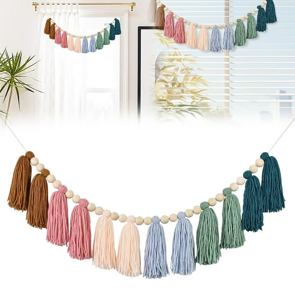 Colorful Tassel Garland With Wood Beads Wall Hanging Decor, By Meiiso, Large Inventory!