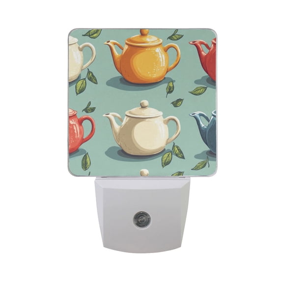 Colorful Tea Pots and Tea LED Night Light with Smart Sensor Plug Into Wall Dusk to Dawn 2 packs