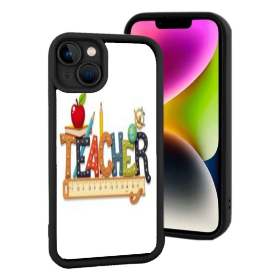 Colorful Teacher Design Lightweight Phone Case for iPhone 15 - Fun Educational Items Pattern with Pencil Ship ' s Wheel