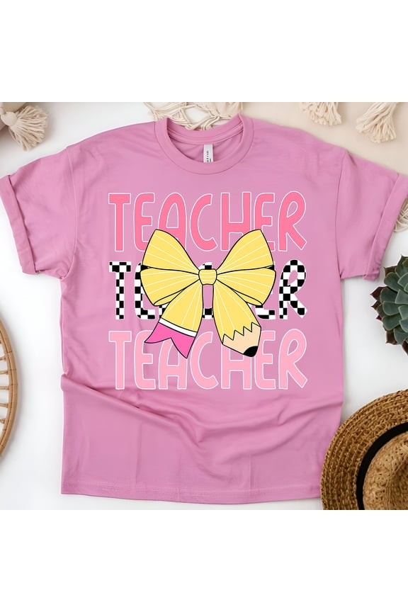 Colorful Teacher Icons Shirt – Books, Pencils, Apples and Bows Tee, Azalea, Size L