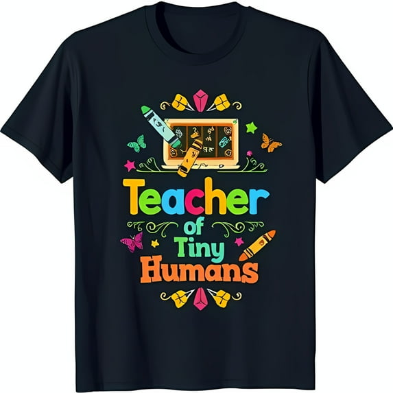 Colorful Teacher of Tiny Humans T-Shirt with Monitor & Crayons