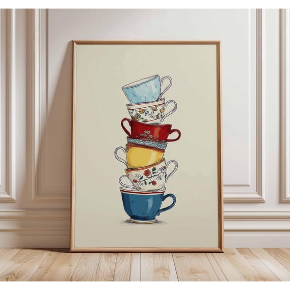 Colorful Teacup Vintage Kitchen Retro Tea Modern Cottagecore Stacked Cup Art, Unframed Paper Poster 8x10in