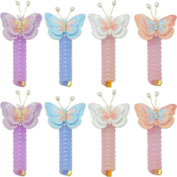 Colorful Telephone Wire Hair Bands, Various Butterfly Designs Telephone Wire Hair Bands, Spiral Hair Ties Phone Cord, Phone Cord Straight Spiral Hair Tie, Ponytail Holder Accessories (8PCS)
