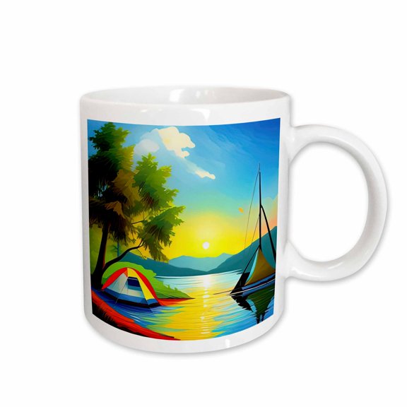 3drose, Colorful Tent, Green Tree, Boat in the Lake, Summer Sunset Gift, 15oz Mug