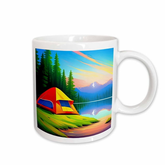 3drose, Colorful Tent, Green Trees, Mountain Lake in the Morning Happy Camper, 11oz Mug