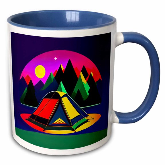 3drose, Colorful Tent, Night, Mountains, Moon, Mystery. Happy Camper Gift, 11oz Two-tone Blue Mug