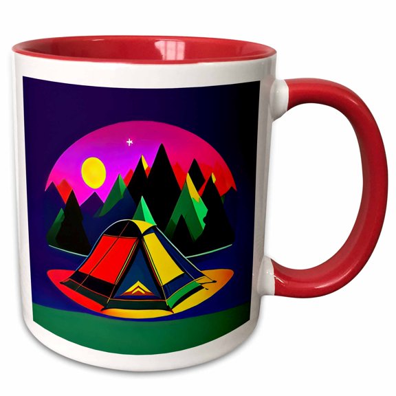 3drose, Colorful Tent, Night, Mountains, Moon, Mystery. Happy Camper Gift, 15oz Two-tone Red Mug