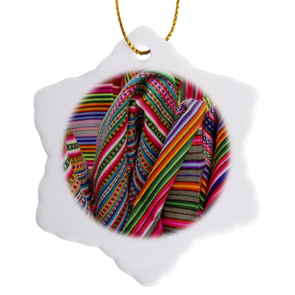 3drose, Colorful Textiles at Market, Huaraz, Peru - Sa17 Jme0302 - John and Lisa Merrill, 3 inch Snowflake Porcelain Ornament