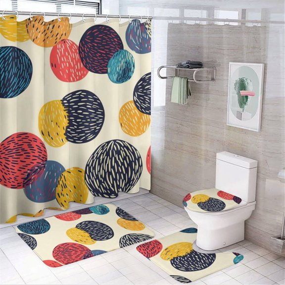Colorful Textured Circle Pattern Bathroom Sets with Shower Curtain And Rugs, Incl with 12 Hooks,Toilet Lid Oval Rug