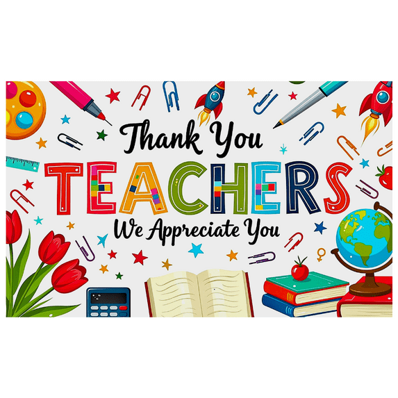 Colorful Thank You Teachers Banner with School Supplies and Floral Elements Teachers Day Appreciation Backdrop for Classroom Decorations Party Supplies Photography Props