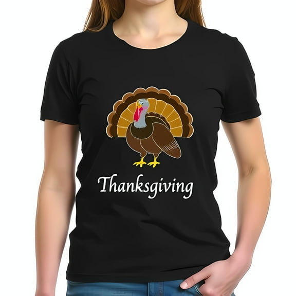 Colorful Thanksgiving Turkey Design Cotton Short Sleeve T-Shirt for Festive Celebrations