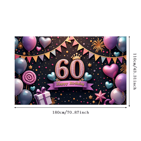 Colorful Theme 60th Birthday Banner Decorative Design Party Backdrop Balloon Decoration Celebration Banner for Birthday Party Anniversary Celebration Indoor Decoration