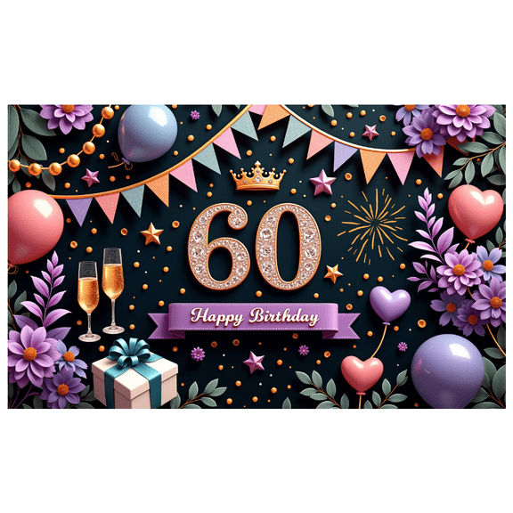 Colorful Theme 60th Birthday Banner Decorative Design Party Backdrop Balloon Decoration Celebration Banner for Birthday Party Anniversary Celebration Indoor Decoration