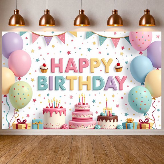 Colorful Theme Banner Cake Design Birthday Display Balloon Decor Star Pattern Party Backdrop for Birthday Party Kids Celebration Indoor Decoration