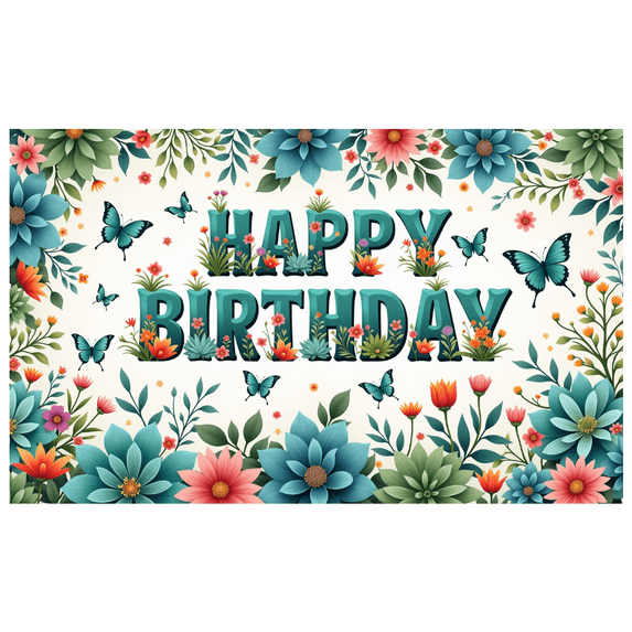 Colorful Theme Birthday Banner Floral Design Decorative Butterfly Birthday Celebration Event Decoration for Birthday Party Indoor Decoration Photo Shoot