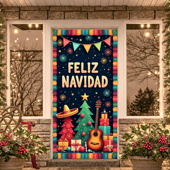 Colorful Theme Christmas Banner Decorative Gift Guitar for Holiday Celebration Indoor Party Winter Festival