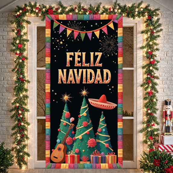 Colorful Theme Christmas Banner Decorative Gift Guitar for Holiday Celebration Indoor Party Winter Festival