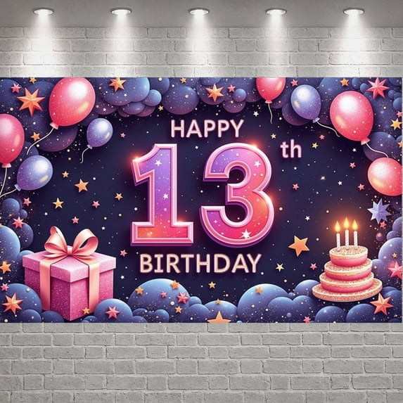 Colorful Theme Happy 13th Birthday Banner Sparkle Design Teen Birthday Display Balloon Decor Star Pattern 13th Birthday Backdrop for 13th Birthday Party Teen Birthday Indoor Celebration