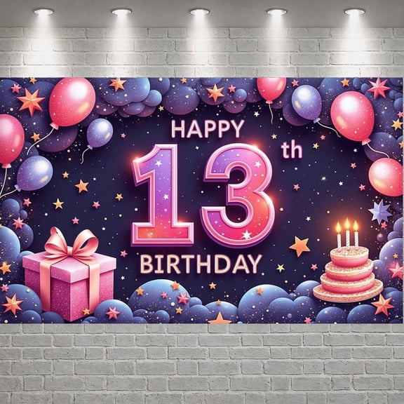 Colorful Theme Happy 13th Birthday Banner Sparkle Design Teen Birthday Display Balloon Decor Star Pattern 13th Birthday Backdrop for 13th Birthday Party Teen Birthday Indoor Celebration