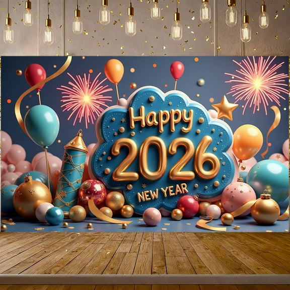 Colorful Theme Happy New Year Banner Festive Design 2026 Banner Gold Star Firework Pattern New Year Decoration for New Year Party 2026 Celebration Holiday Event
