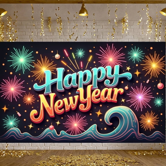 Colorful Theme Happy New Year Banner Firework Design New Year Banner Star Pattern Wave Celebration Banner for New Year Party Holiday Celebration Indoor Decoration