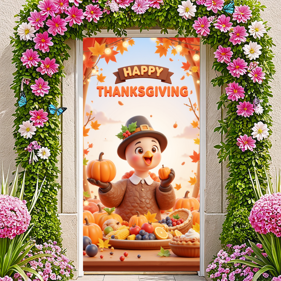 Colorful Theme Happy Thanksgiving Animal Character Autumn Leaves Banner for Fall Celebration Holiday Party Indoor Outdoor Decoration