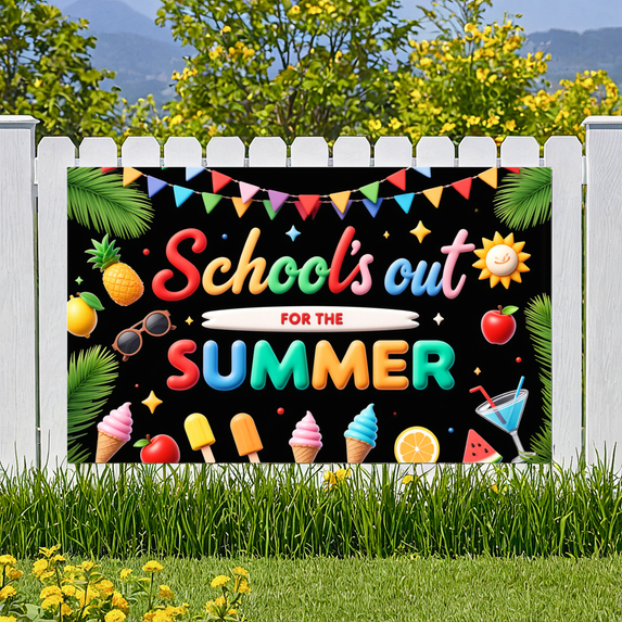 Colorful Theme School's Out Banner Decorative Design Summer Party Ice Cream for School Celebration Outdoor Event Holiday Party