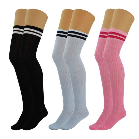 Colorful Thigh High Socks for Women Over The Knee Warm Long Boot Socks 3 Pairs - (Black-Light Blue-Pink)