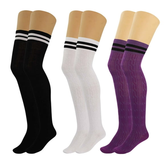Colorful Thigh High Socks for Women Over The Knee Warm Long Boot Socks 3 Pairs - (Black-White-Purple)