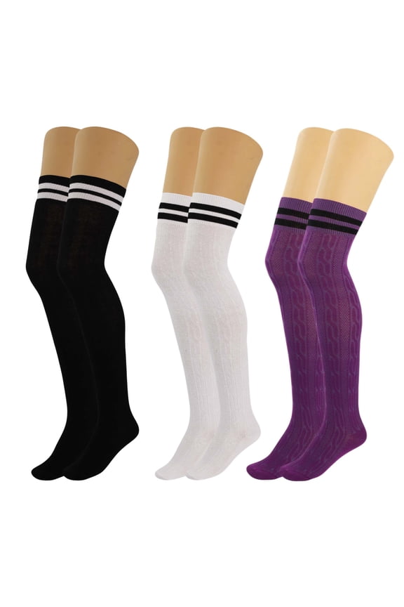 Colorful Thigh High Socks for Women Over The Knee Warm Long Boot Socks 3 Pairs - (Black-White-Purple)