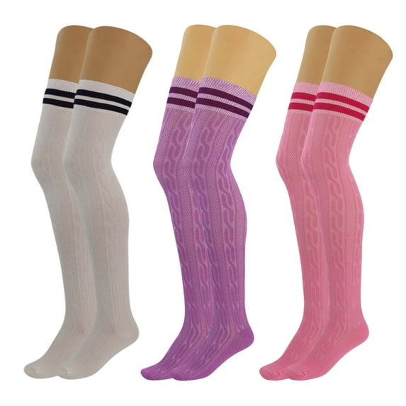 Colorful Thigh High Socks for Women Over The Knee Warm Long Boot Socks 3 Pairs - (Ecru-Lilac-Pink)