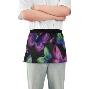Colorful Thread Butterflies Short Server Apron with 3 Pockets for Unisex Chef Gardening