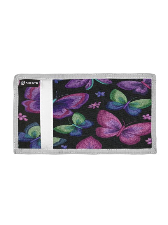 Colorful Thread Butterflies Trifold Wallets Card Holders Coin Pockets with Lanyards Portable Unisex