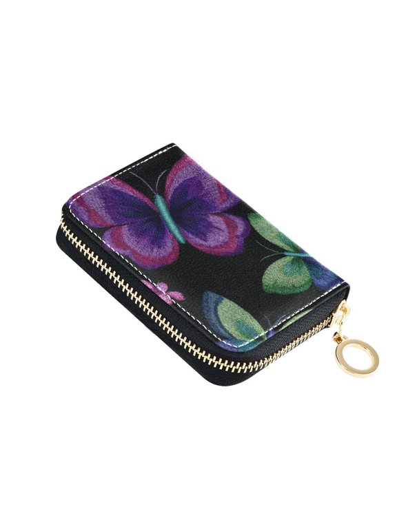 Colorful Thread Butterflies Women's Credit Card Holder PU Leather Zipper Wallet RFID Blocking