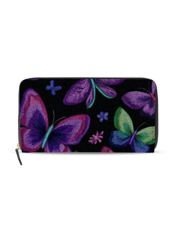 Colorful Thread Butterflies Women's Long Zipper Wallet Bifold Clutch Purse PU Leather Card Cases