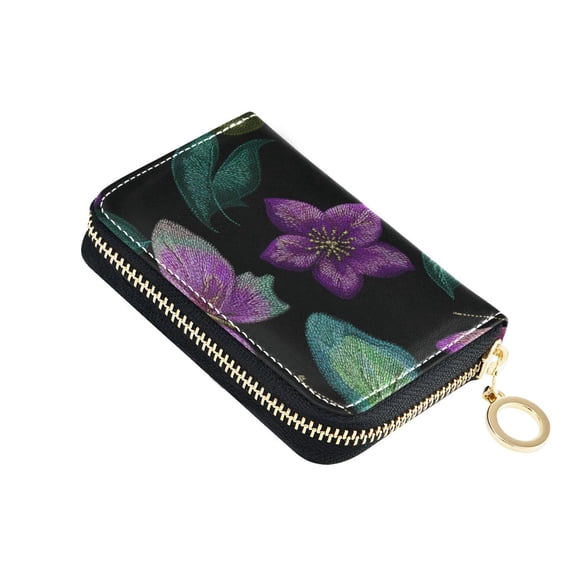 Colorful Thread Hand Sewn Butterflies Women's Credit Card Holder PU Leather Zipper Wallet RFID Blocking