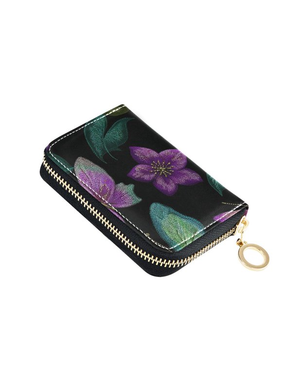 Colorful Thread Hand Sewn Butterflies Women's Credit Card Holder PU Leather Zipper Wallet RFID Blocking